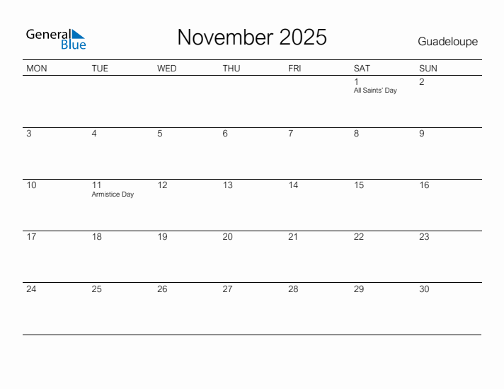 Printable November 2025 Calendar for Guadeloupe