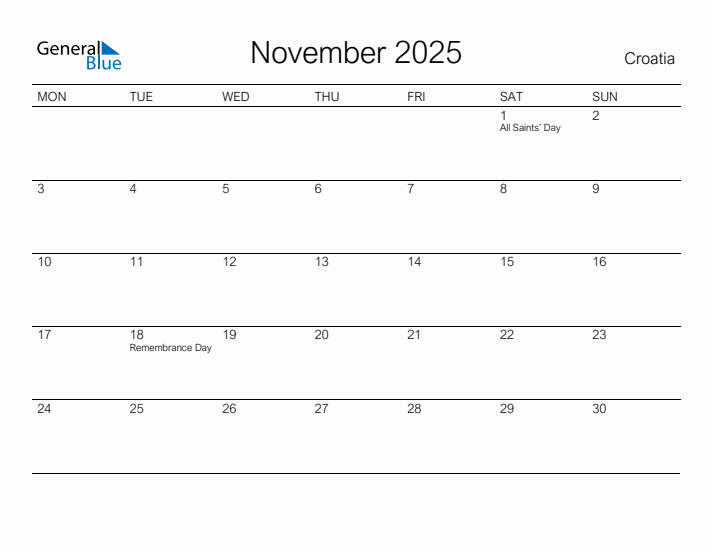 Printable November 2025 Calendar for Croatia