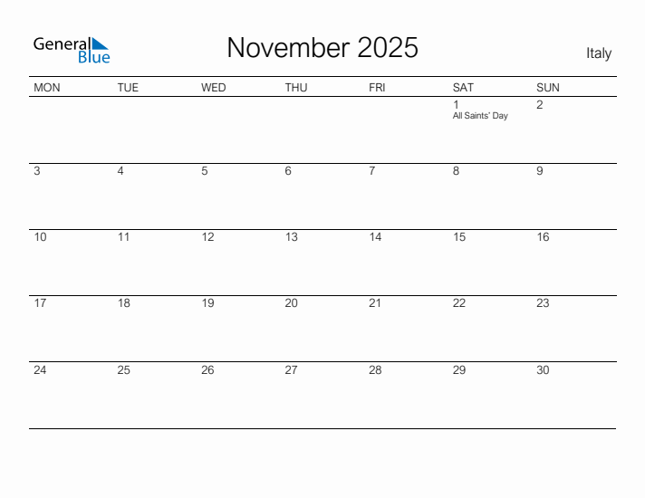 Printable November 2025 Calendar for Italy