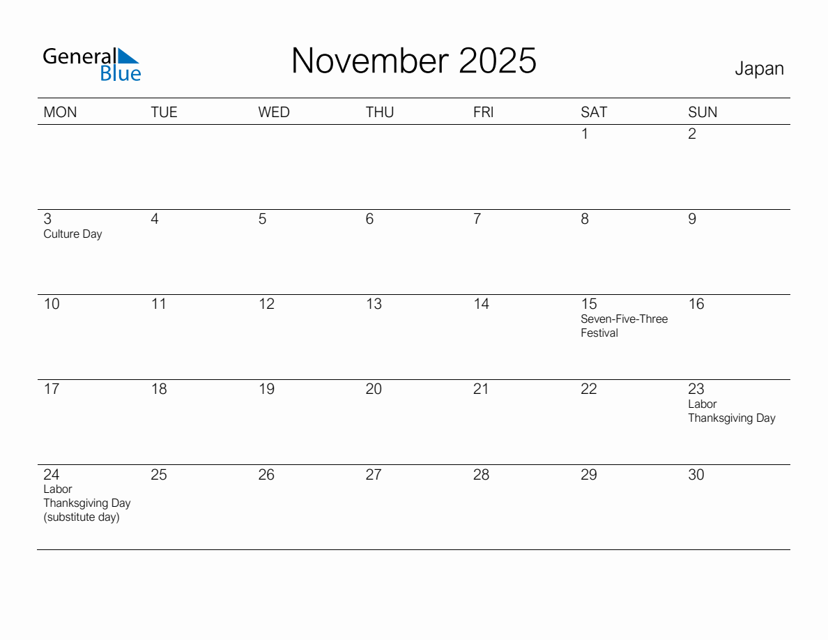 Printable November 2025 Monthly Calendar with Holidays for Japan