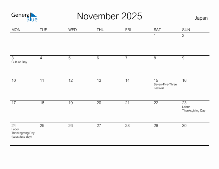Printable November 2025 Calendar for Japan