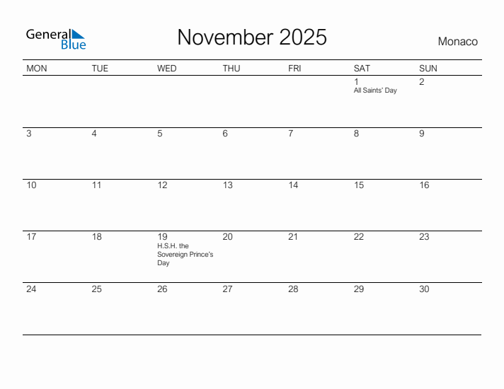 Printable November 2025 Calendar for Monaco