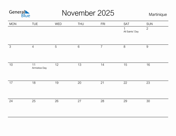 Printable November 2025 Calendar for Martinique