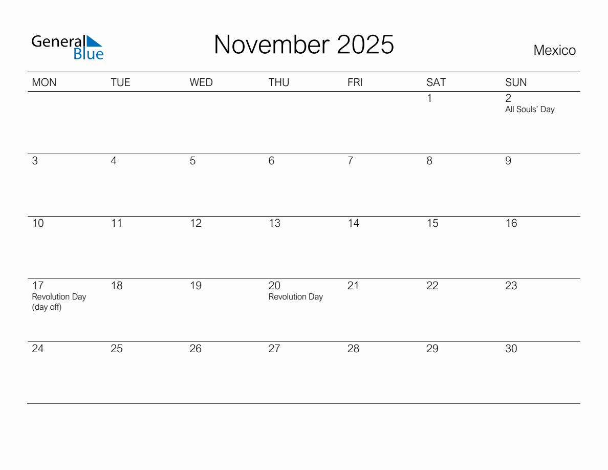 Printable November 2025 Monthly Calendar with Holidays for Mexico