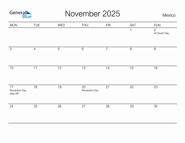 Printable November 2025 Calendar for Mexico