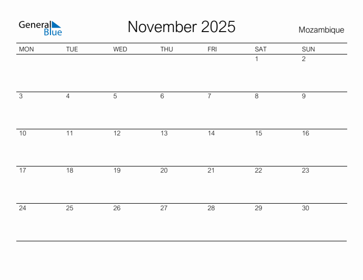 Printable November 2025 Calendar for Mozambique