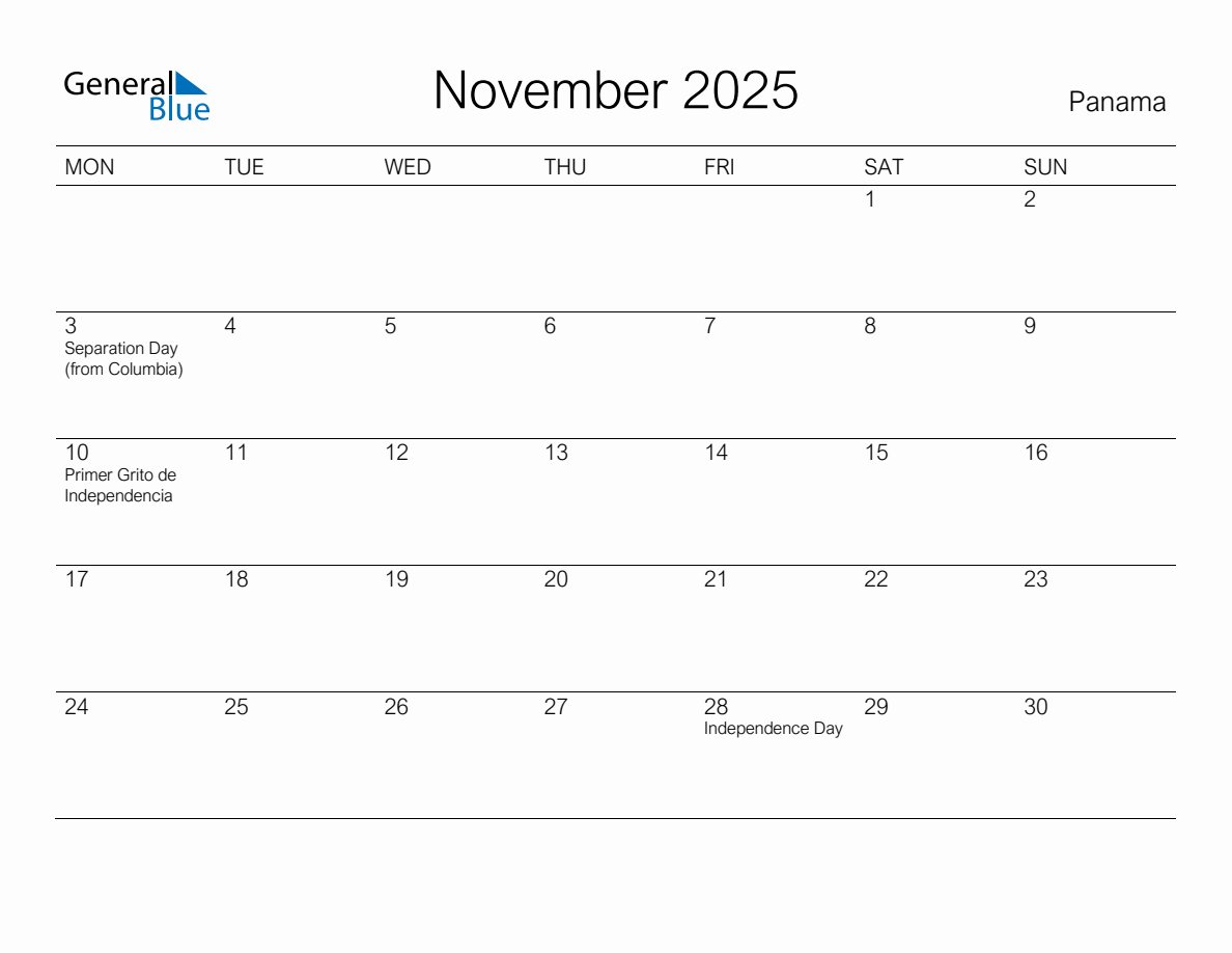 Printable November 2025 Monthly Calendar with Holidays for Panama