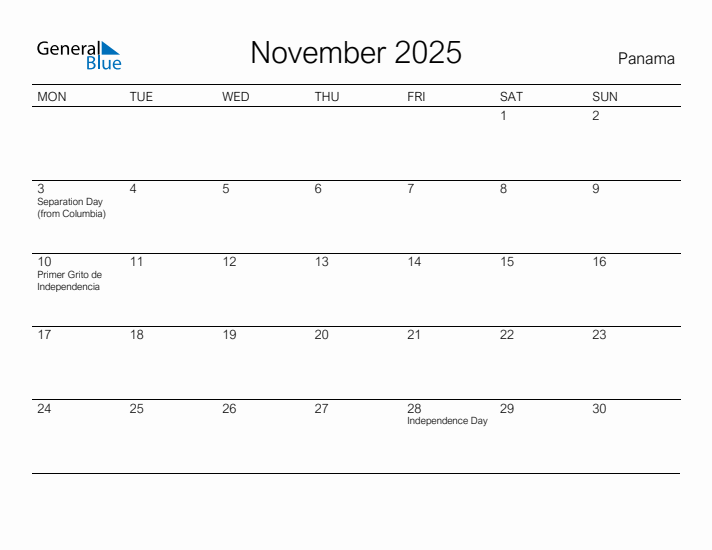 Printable November 2025 Calendar for Panama
