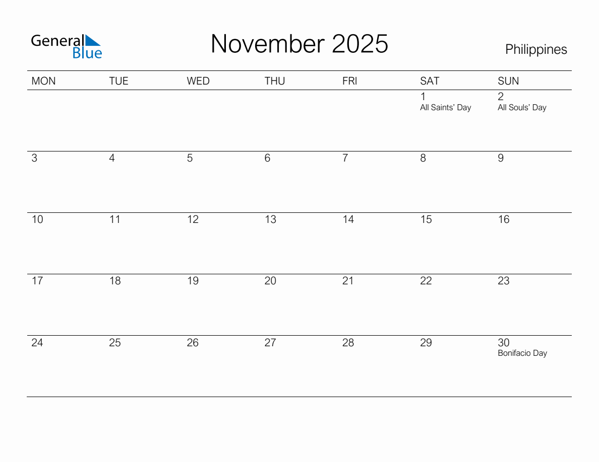 Printable November 2025 Monthly Calendar with Holidays for Philippines