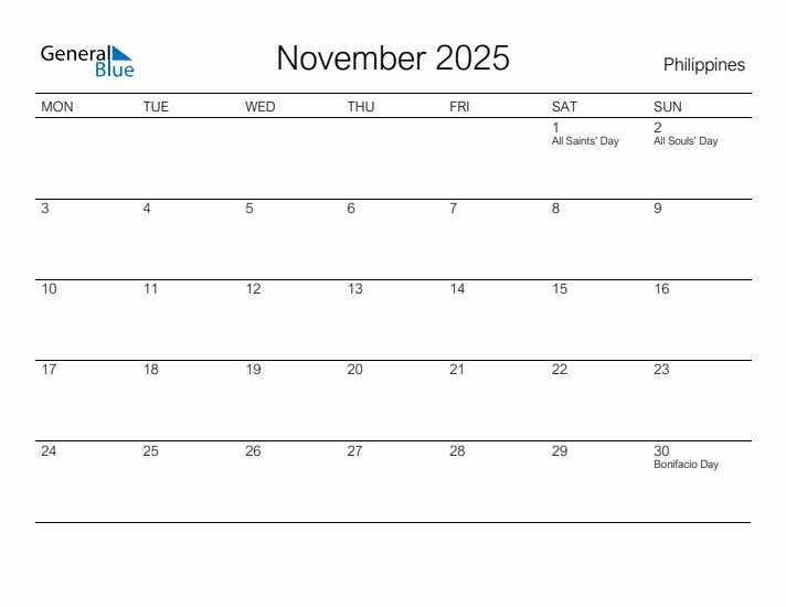 Printable November 2025 Calendar for Philippines