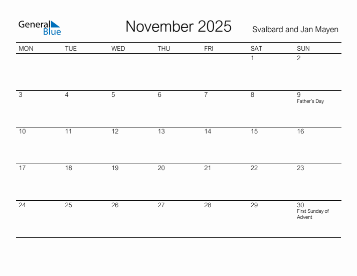 Printable November 2025 Calendar for Svalbard and Jan Mayen
