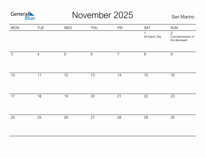 Printable November 2025 Calendar for San Marino