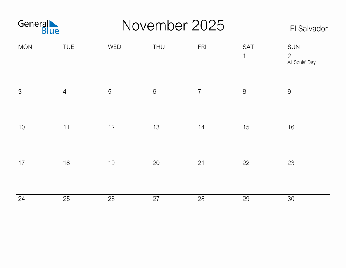 Printable November 2025 Monthly Calendar with Holidays for El Salvador