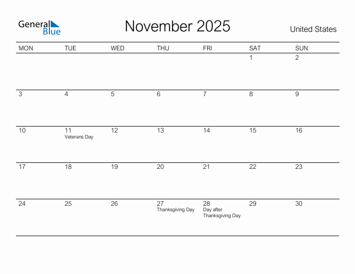Printable November 2025 Monthly Calendar with Holidays for United States