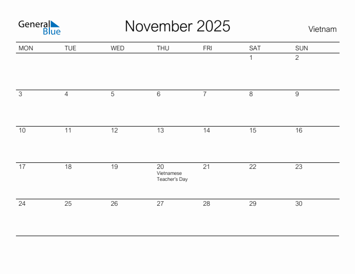 Printable November 2025 Calendar for Vietnam