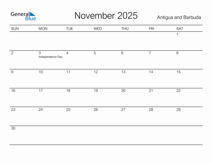 Printable November 2025 Calendar for Antigua and Barbuda