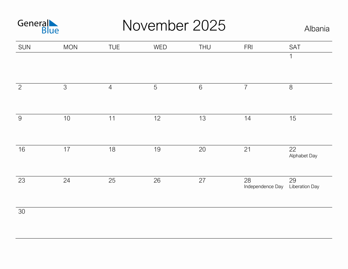 Printable November 2025 Monthly Calendar with Holidays for Albania