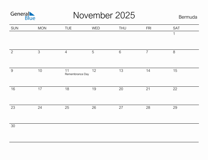 Printable November 2025 Calendar for Bermuda