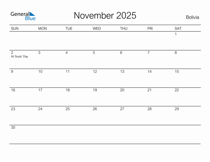 Printable November 2025 Calendar for Bolivia