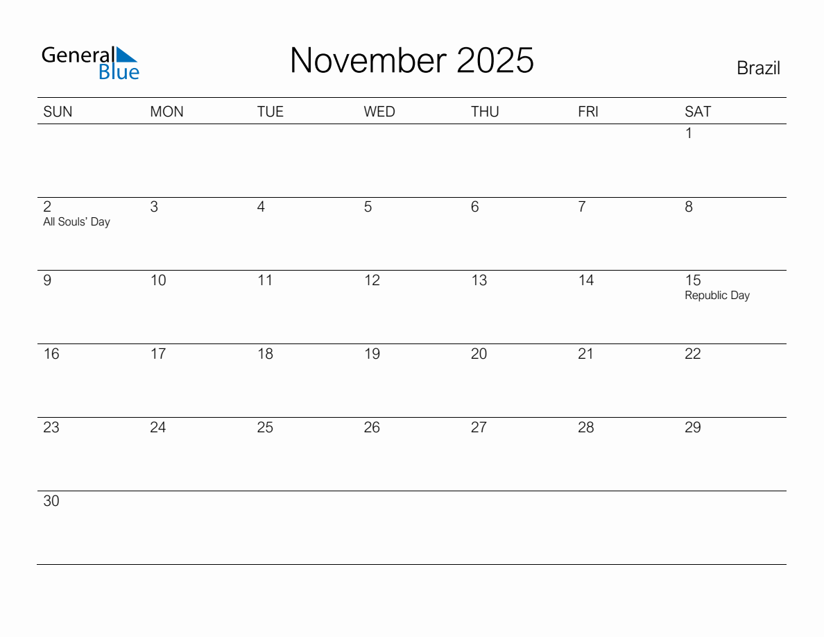 Printable November 2025 Monthly Calendar with Holidays for Brazil