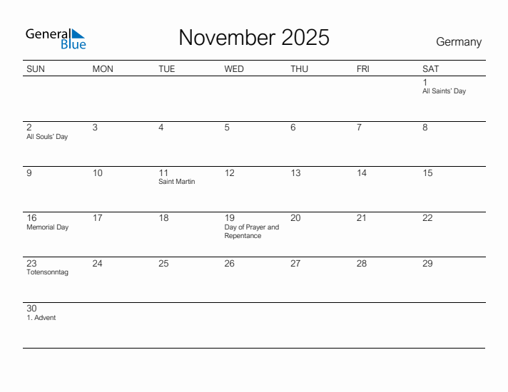 Printable November 2025 Calendar for Germany