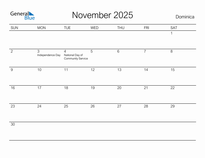 Printable November 2025 Calendar for Dominica