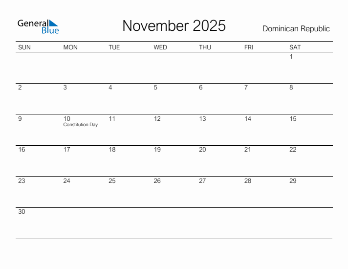 Printable November 2025 Calendar for Dominican Republic