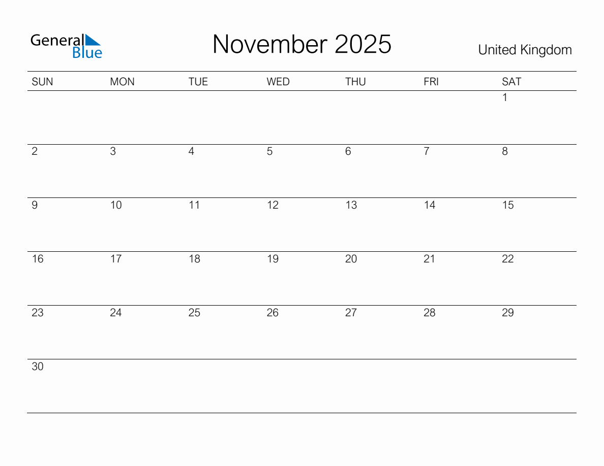 Printable November 2025 Monthly Calendar with Holidays for United Kingdom