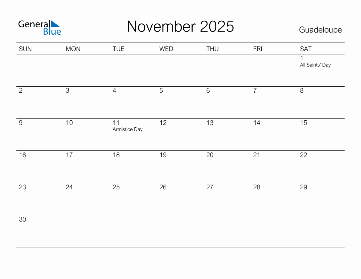 Printable November 2025 Monthly Calendar with Holidays for Guadeloupe