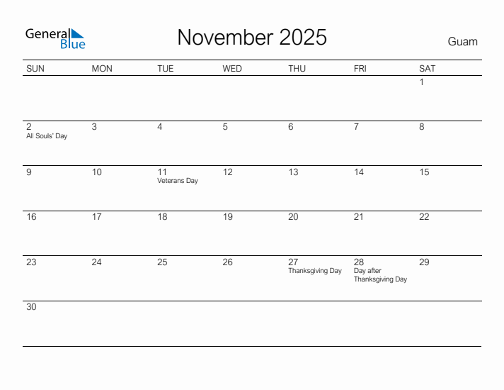 Printable November 2025 Calendar for Guam