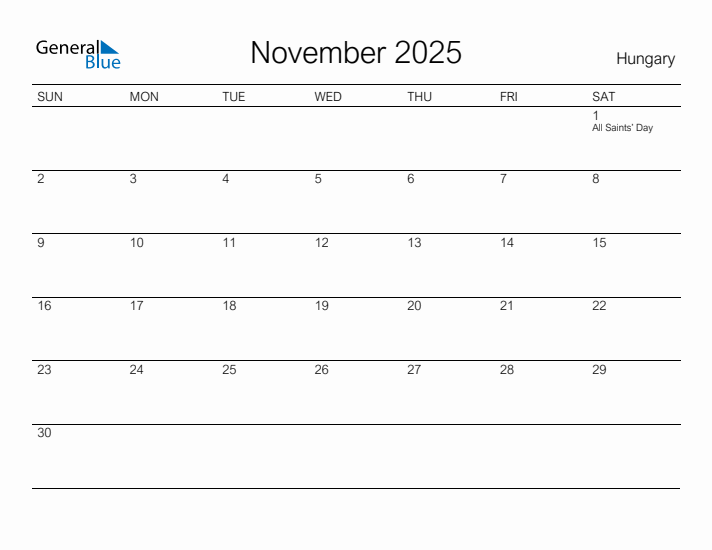 Printable November 2025 Calendar for Hungary