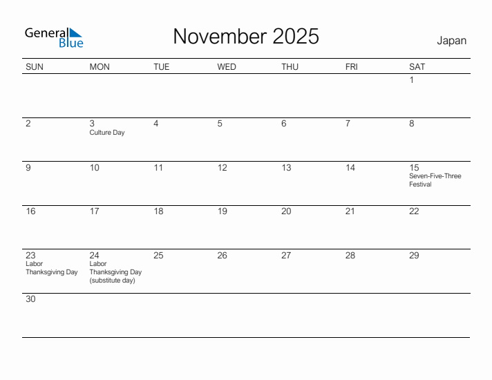 Printable November 2025 Calendar for Japan
