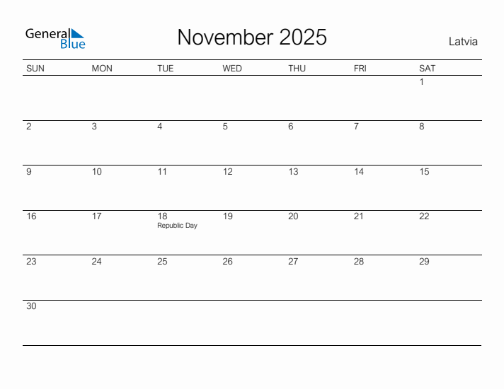Printable November 2025 Calendar for Latvia