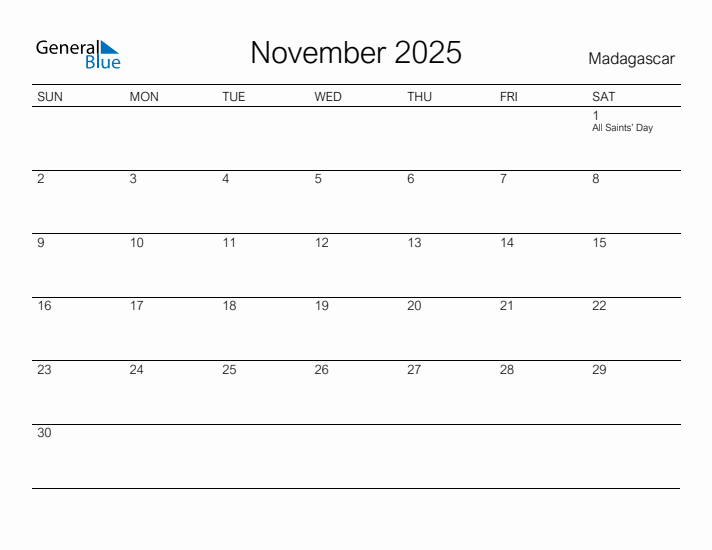 Printable November 2025 Calendar for Madagascar