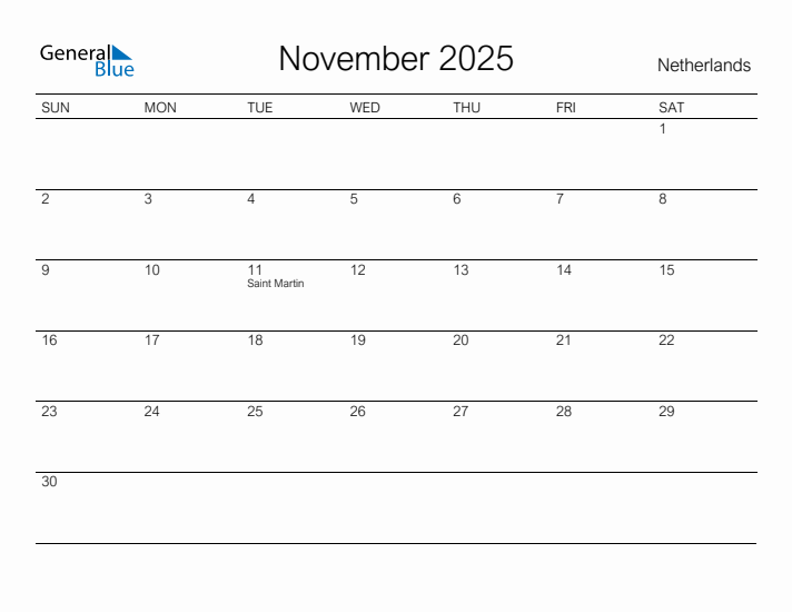 Printable November 2025 Calendar for The Netherlands