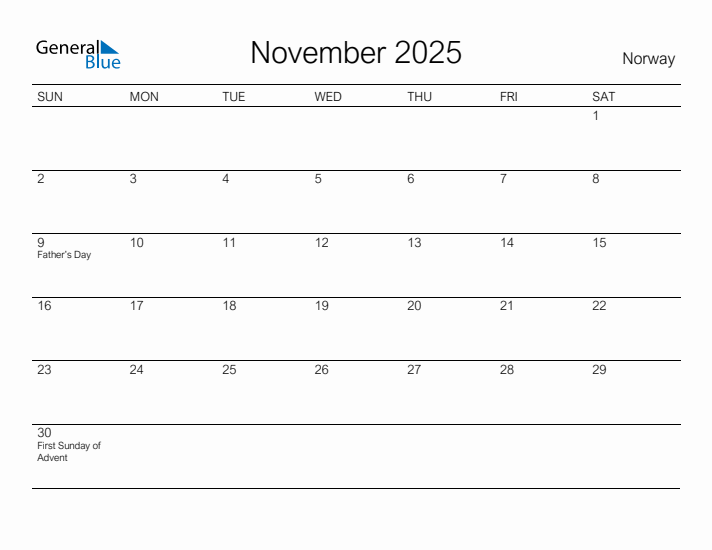 Printable November 2025 Calendar for Norway
