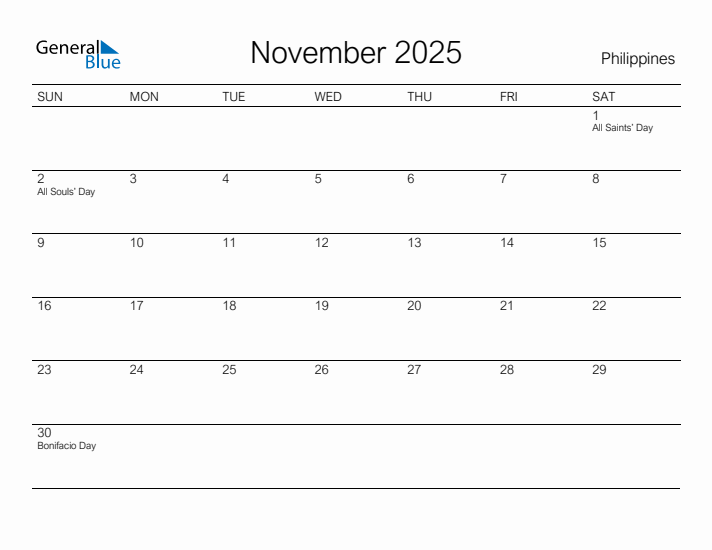 Printable November 2025 Monthly Calendar with Holidays for Philippines