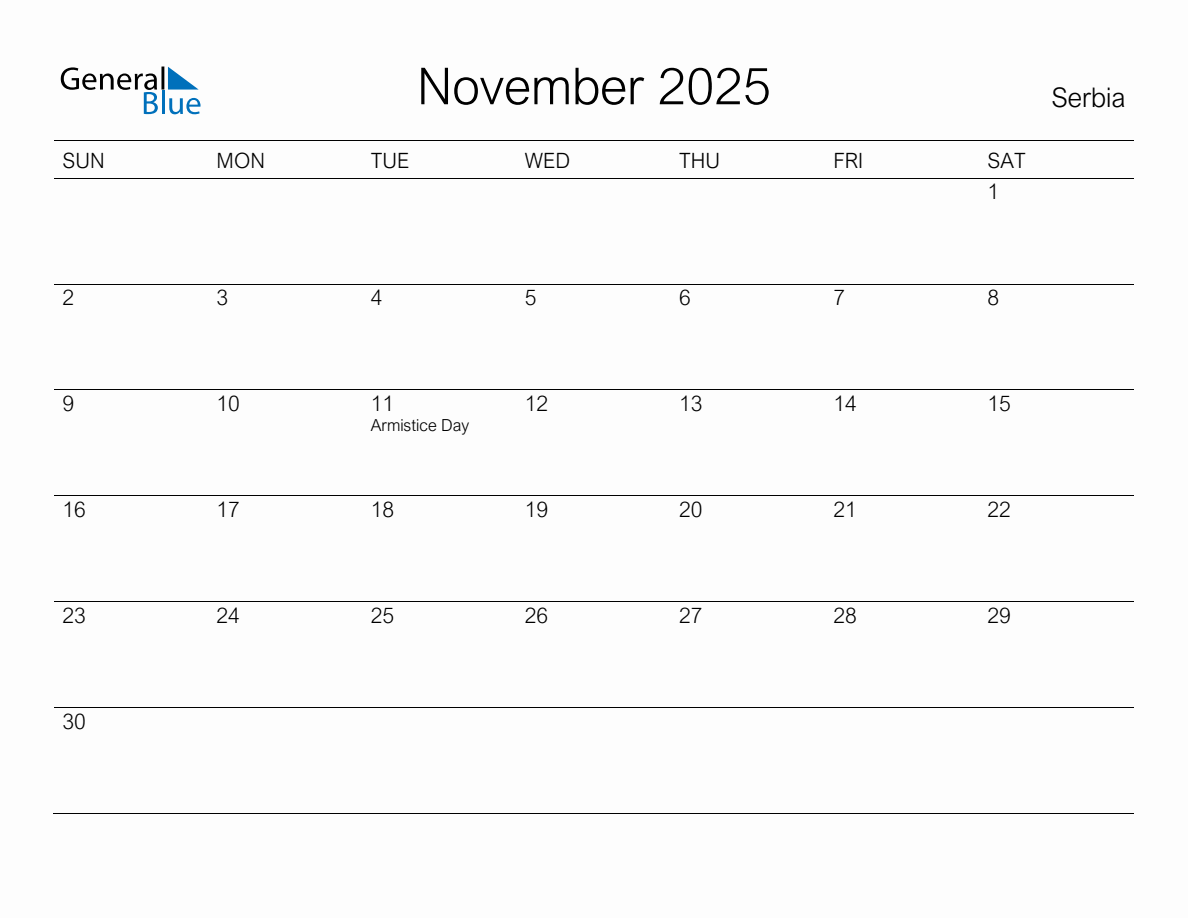 Printable November 2025 Monthly Calendar with Holidays for Serbia