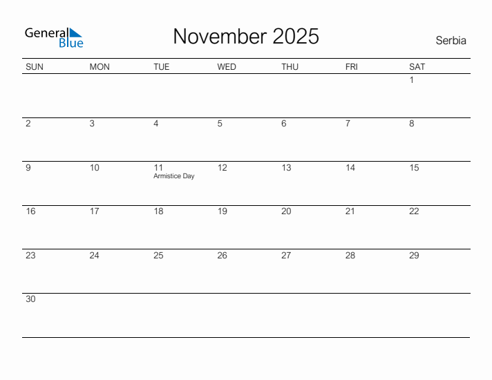 Printable November 2025 Calendar for Serbia