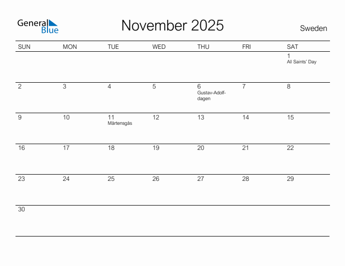 Printable November 2025 Calendar for Sweden