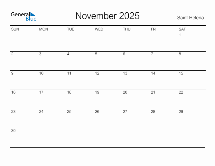 Printable November 2025 Calendar for Saint Helena