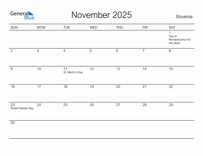 Printable November 2025 Calendar for Slovenia