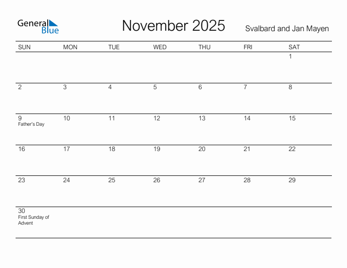 Printable November 2025 Calendar for Svalbard and Jan Mayen