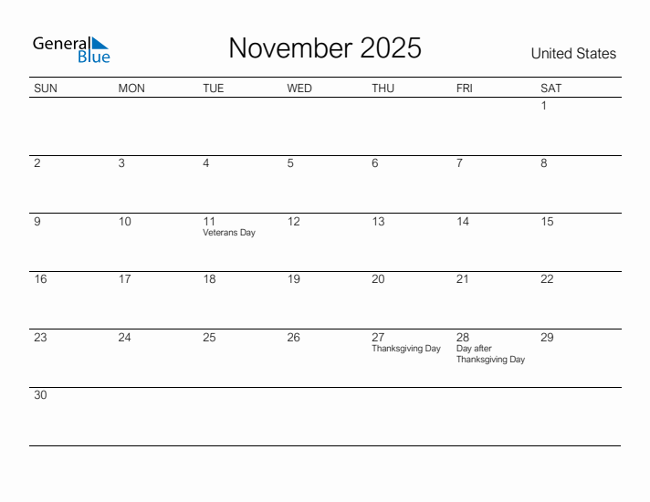 November 2025 Monthly Calendar with United States Holidays