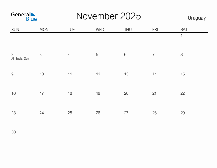 Printable November 2025 Calendar for Uruguay