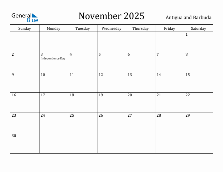 November 2025 Calendar Antigua and Barbuda