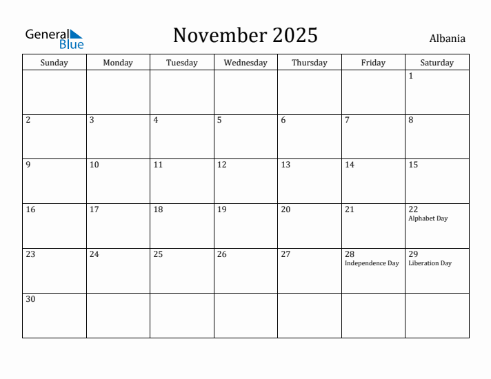 November 2025 Calendar Albania