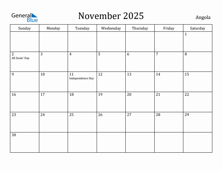 November 2025 Calendar Angola