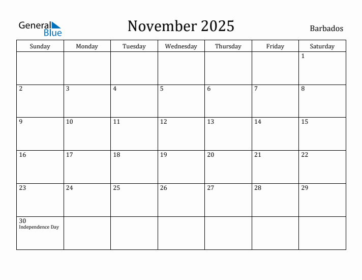 November 2025 Calendar Barbados