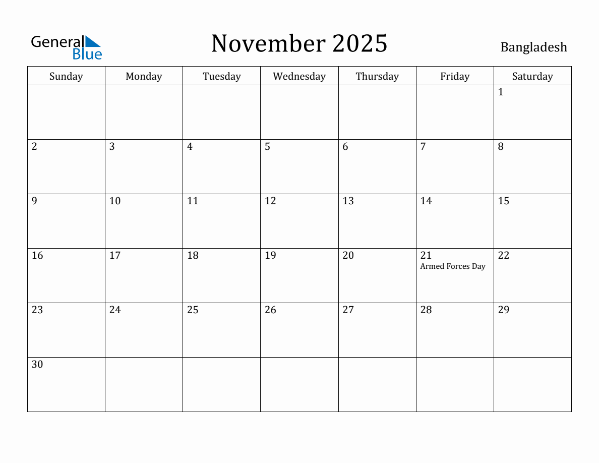 November 2025 Monthly Calendar with Bangladesh Holidays